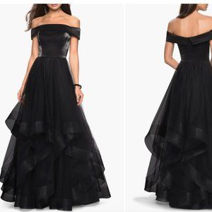 LA FEMME OFF THE SHOULDER BLACK EVENING TULLE GOWN sz 6